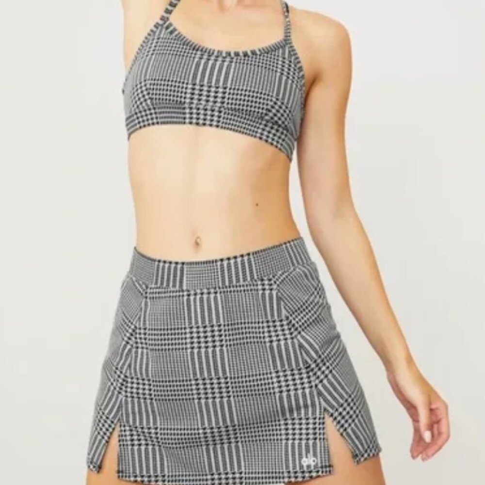 Alo Plaid Black & White Crop Bralette and Skirt Set